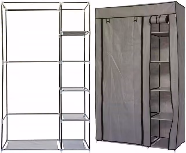 Gr8 Home Grey Fabric Canvas Bedroom Wardrobe with Hanging Rail and Shelving, H 175 x W 107 x D 45 cm – 2