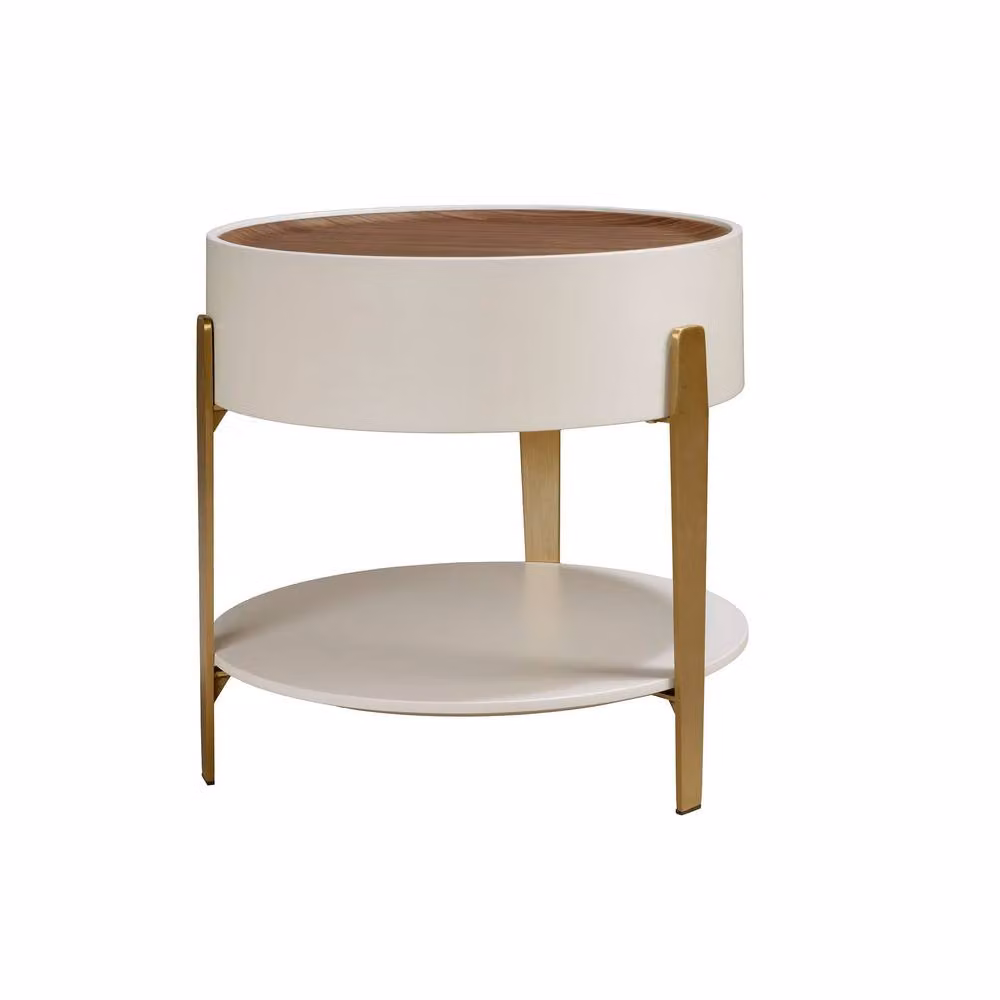 Angel Cerda Round Side Table with Walnut Veneer Top and Gold Base in Beige and Gold – 2