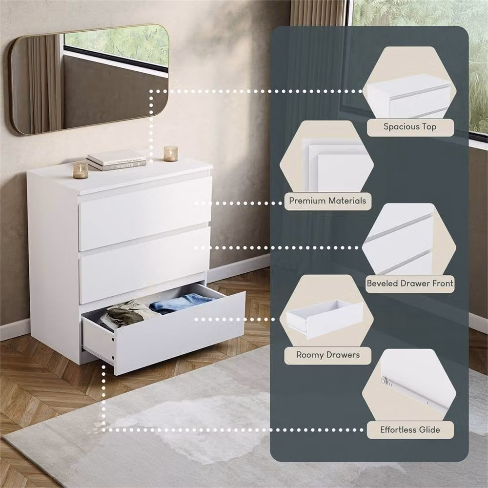 FORGEVIO Modern White 3 Drawer Pine Wood Chest of Drawers for your Bedroom – 3