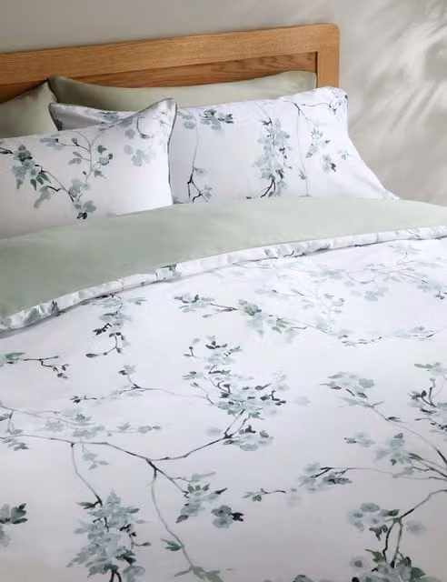 M&S Pure Cotton Mako Satin Cherry Blossom Floral Bedding Set, Green and White, 200 x 200 cm