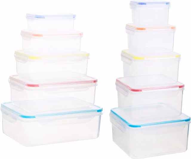 Premier Housewares Set of 10 Airtight and Leakproof Plastic Food Storage Containers, Stackable, Transparent and Multicolour
