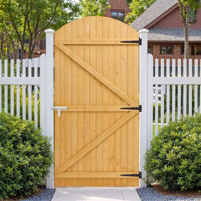 Darphe Arched Top Wooden Garden Gate with Ledged and Braced Frame in Brown, W: 105 cm, H: 210 cm