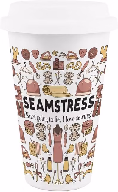 Purely Home Novelty Seamstress Ceramic Travel Mug, White
