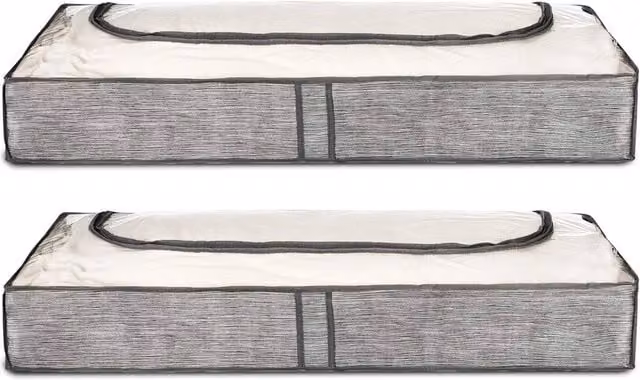 Nordara 2 Pack Grey Linen Underbed Storage Bags with Transparent Window and Handles