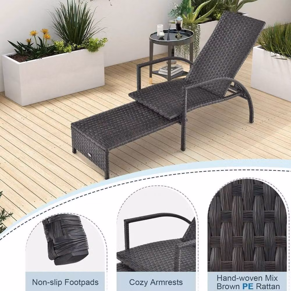 Kelvenix 5-Level Adjustable Wicker Chaise Lounger Recliner with Armrests in Brown – 4