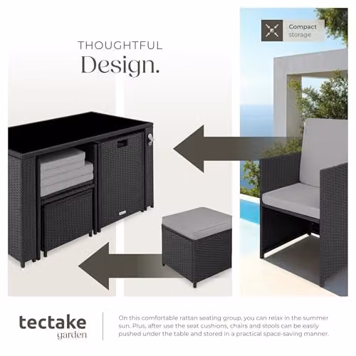 TecTake Rattan Garden Furniture Set with 2 Lounge Armchairs, 2 Ottomans and 1 Coffee Table with Glass Top, Black and Grey – 4