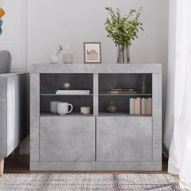Berkfield Home Set of 2 Modern Side Cabinets in Concrete Grey with Integrated LED Lighting and Glass Doors