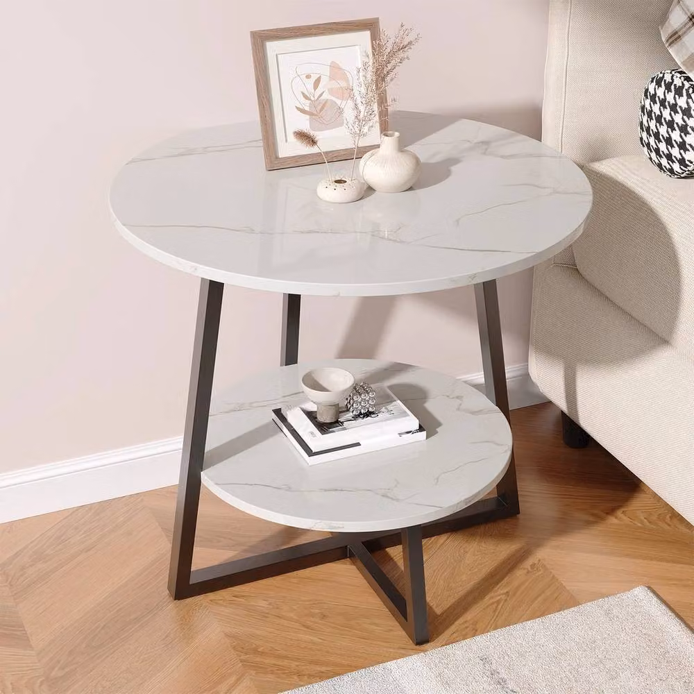 FORGEVIO 2 Tier Round White Sofa Side Table with X-Frame Design, W/D/H: 60 x 55 x 60 cm – 3