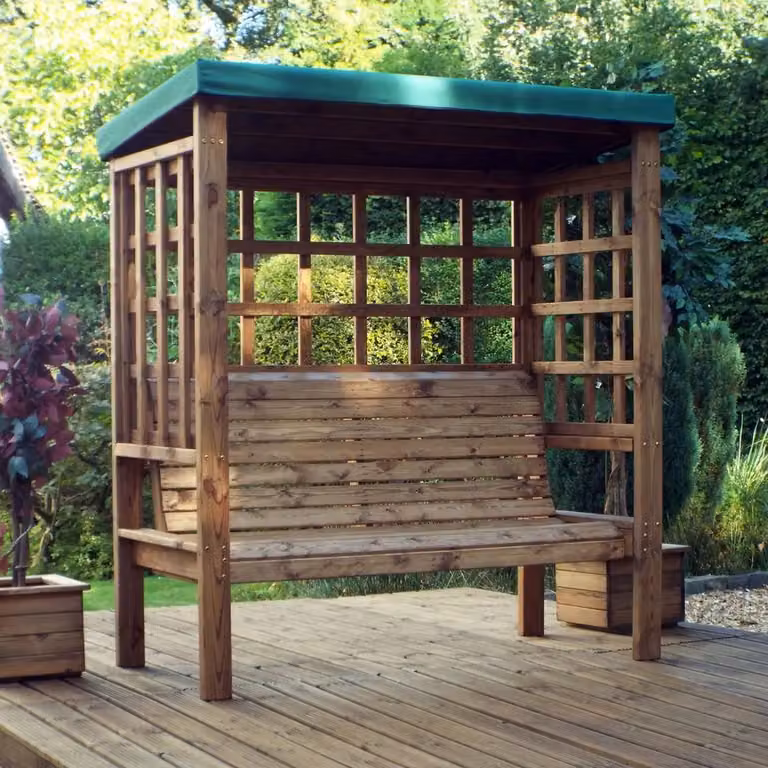 Charles Taylor Trading Bramham Three Seater Garden Arbour in Green and Brown Treated Hardwood with Cushions