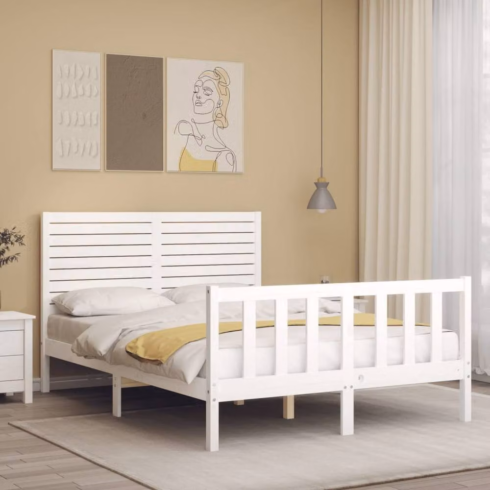 Berkfield Home Solid Wood Pine Bed Frame with Headboard in White, W/D/H: 140 x 190 cm – 2