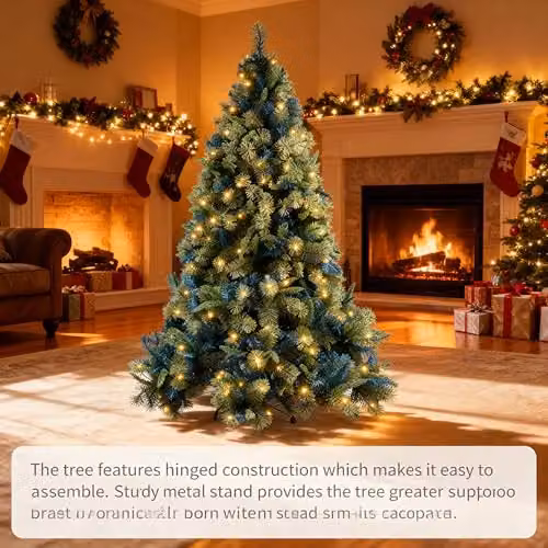 Shatchi 1.5m Pre-Lit Kentucky Pine Artificial Green Christmas Tree with Warm White LED Lights – 7