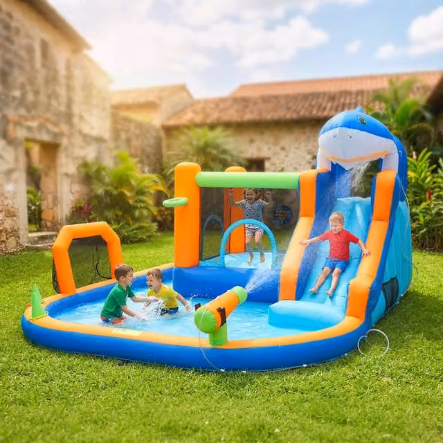 AIYAPLAY Inflatable Shark Theme Bouncy Castle with Slide and Spray in Blue and Multicolour