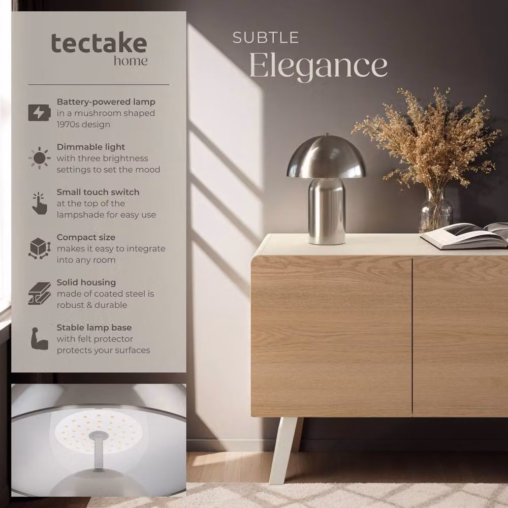 tectake Kade Retro Table Lamp in Silver with Dimmable LED and Rechargeable Battery, H 34 cm x W 25 cm x D 25 cm – 2