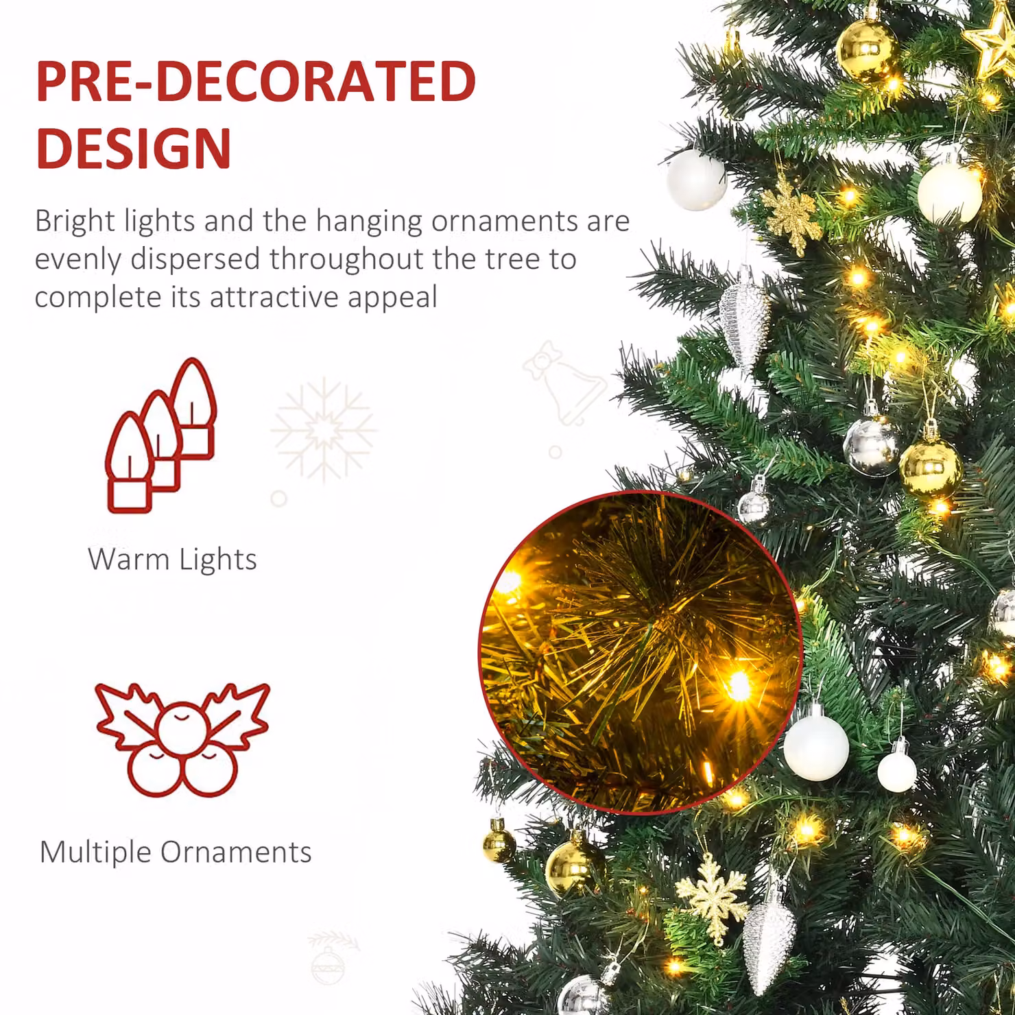 HOMCOM Pre-Lit Artificial Christmas Tree with 200 Warm White LEDs and Decorative Balls in Green with Metal Stand – 4