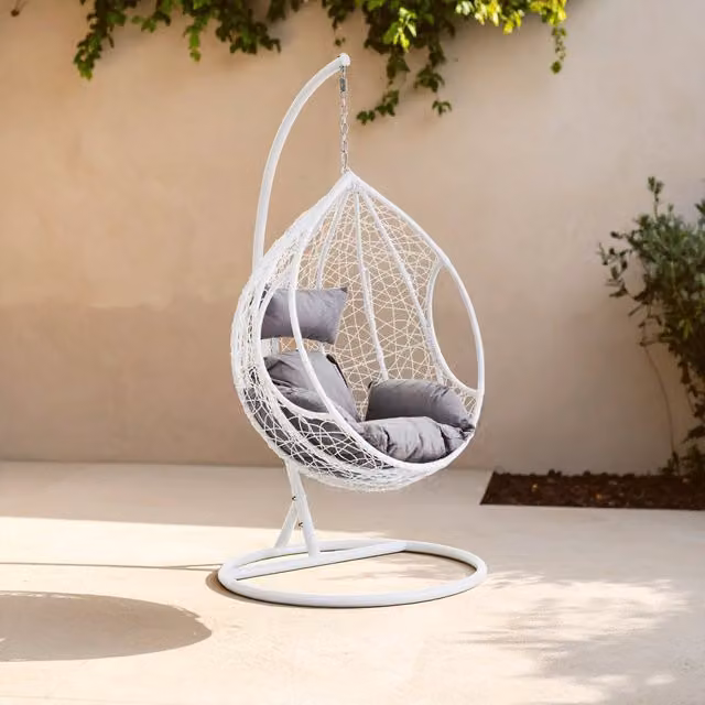 Orsina White Rattan Effect Hanging Chair with Grey Cushions and Round Base – 1