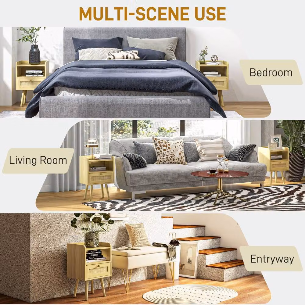Wyld Haus Fira Set of 2 Wood Effect Bedside Tables with Rattan Weave in Sand and Beige – 4
