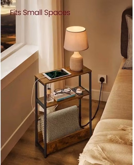 EONLION Brown Slim Side Table with Charging Station – 1