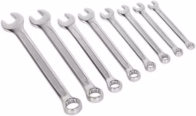 Loops 8pc Slim Handled Combination Spanner Set, 12 Point Metric Ring Open Head Wrench, Chrome Vanadium and Stainless Steel, Silver and Multicolour – 1