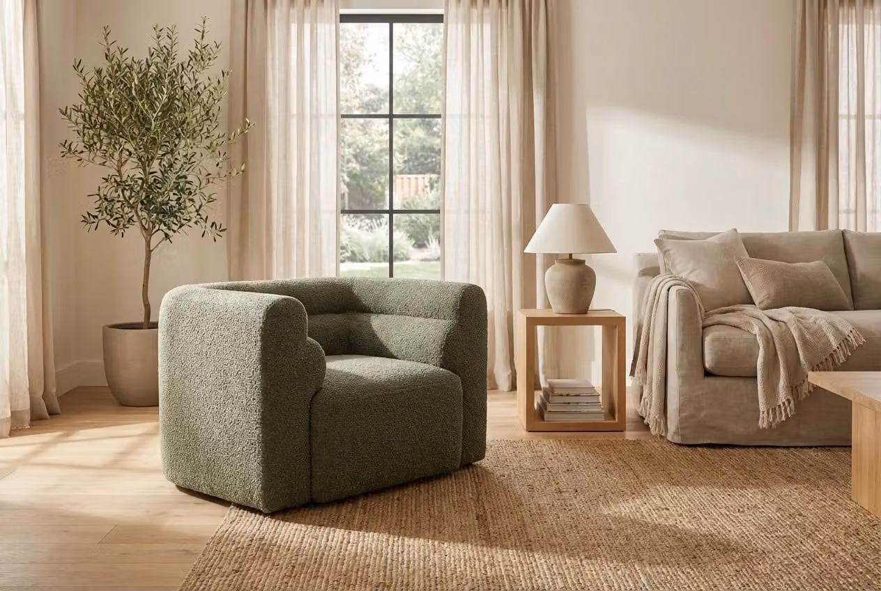 Araco Atelier Bear Armchair in Laurel Bouclé with Armrests, available in Beige or Green