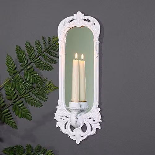 Melody Maison Ornate White Shabby Chic Wall Mirror Candle Holder Sconce