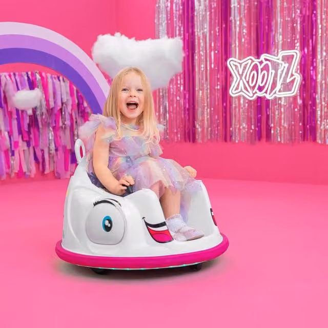 Xootz Unicorn Bumper Car Kids Electric Ride-On with Light and Sound - White/Pink