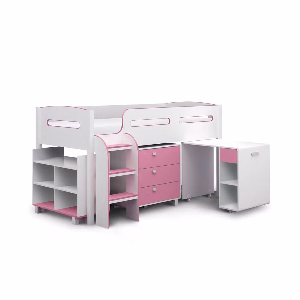 Cheshire Prairie Pink Cabin Bed with Stairs and Side Compartments, Single W/D/H: 90 x 200 cm – 2