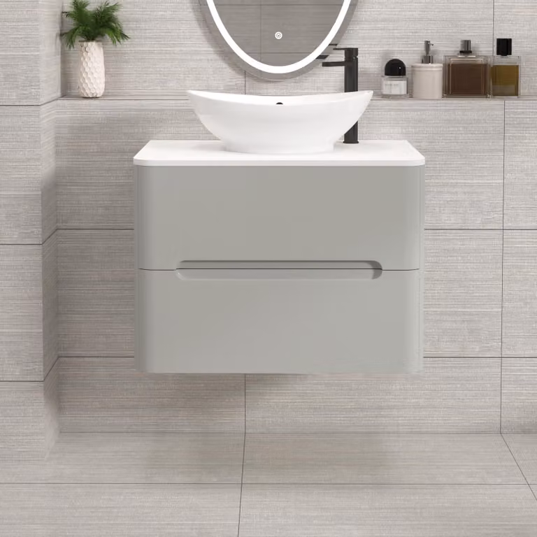 Royal Bathrooms Venice 700mm Wall Hung Vanity Unit in Dove Grey with 2 Drawers, Plain White Worktop and Amaze Basin