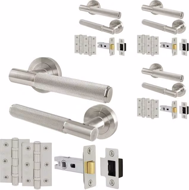 AFIT Satin Nickel Knurled Rose Door Handles and Latch Kit with Hinges, 4 Pairs, Silver, Size: 150 x 150 mm