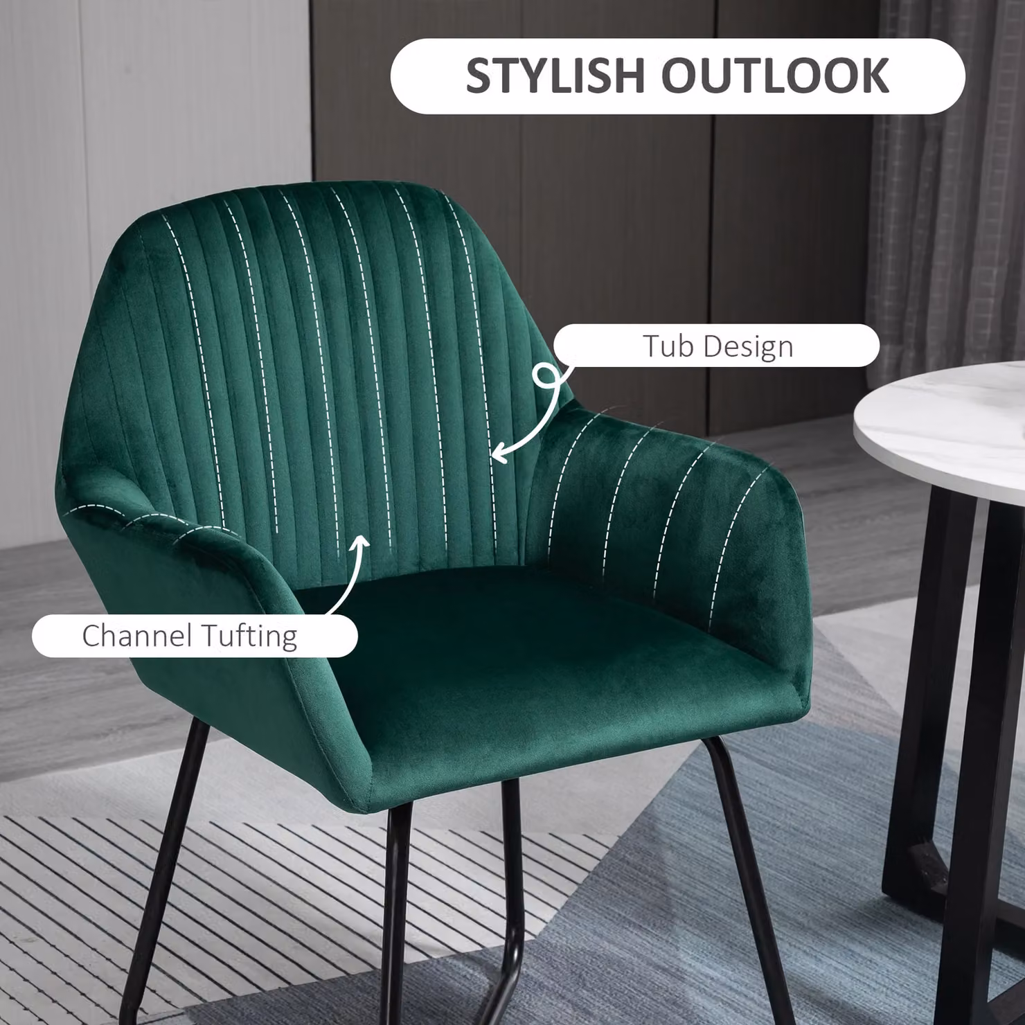 HOMCOM Set of 2 Modern Velvet Upholstered Accent Armchairs with Metal Base in Green – 4