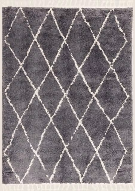 Asiatic Agadir Berber Moroccan Style Diamond Woven Rug in Charcoal Grey with Fringes