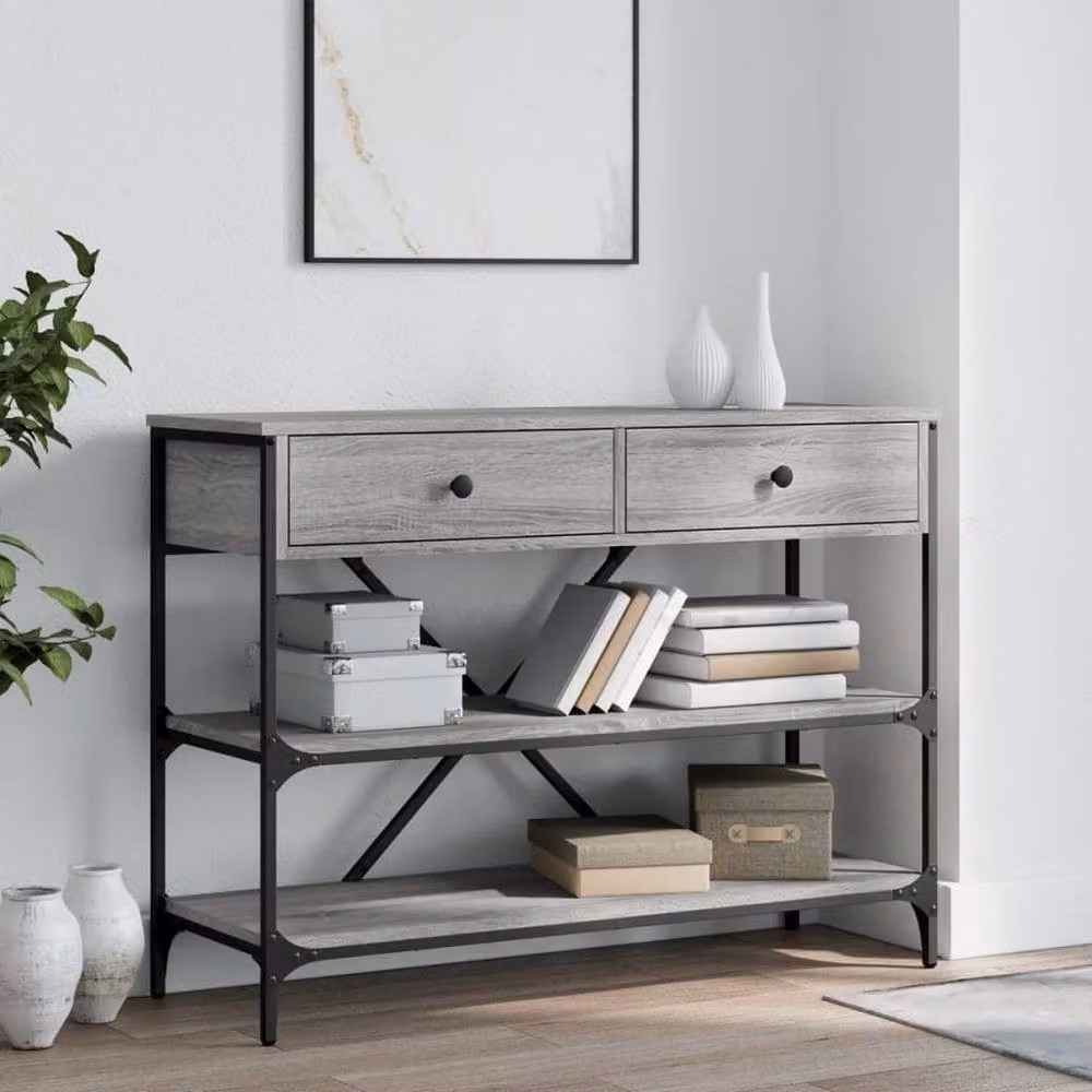 Berkfield Home Classic Console Table with Drawers and Shelves in Grey Sonoma Engine, W/D/H: 100 x 34.5 x 75 cm – 2