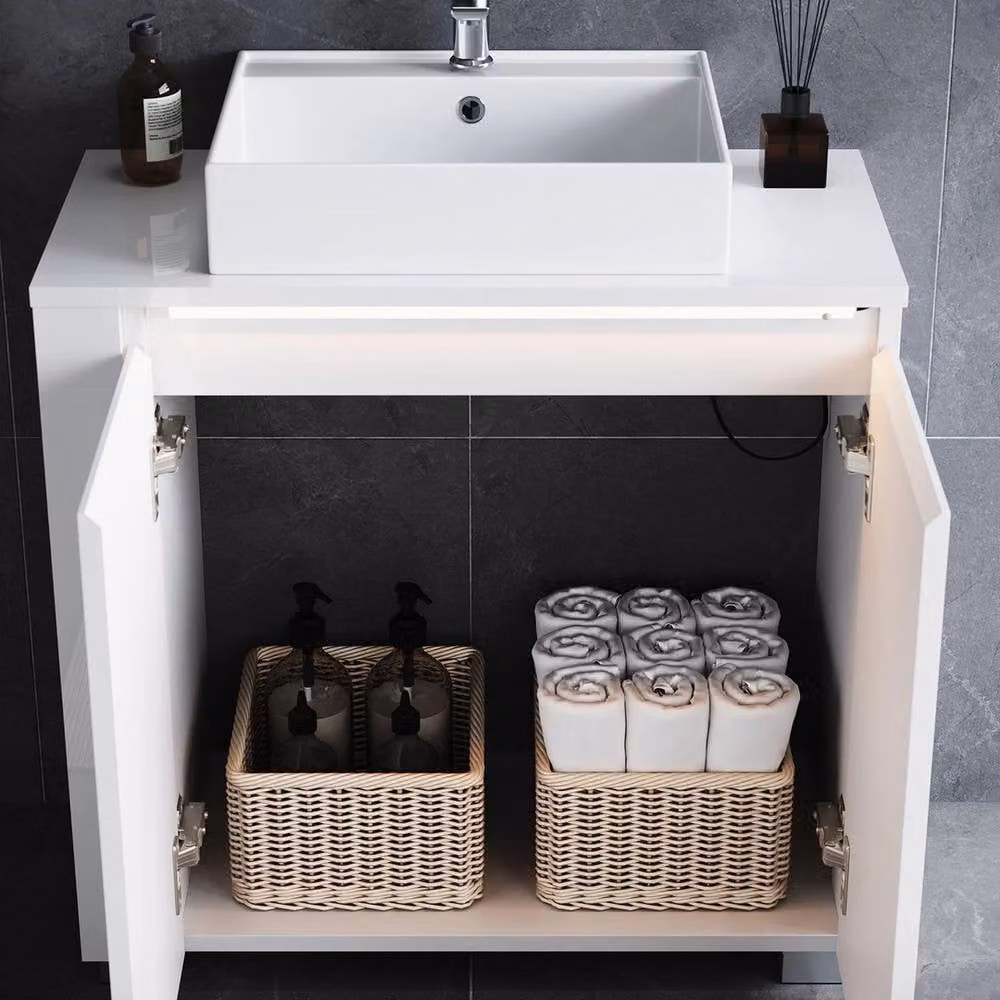 FORGEVIO White Glossy Freestanding Bathroom Vanity Cabinet with Integrated LED Lighting – 3
