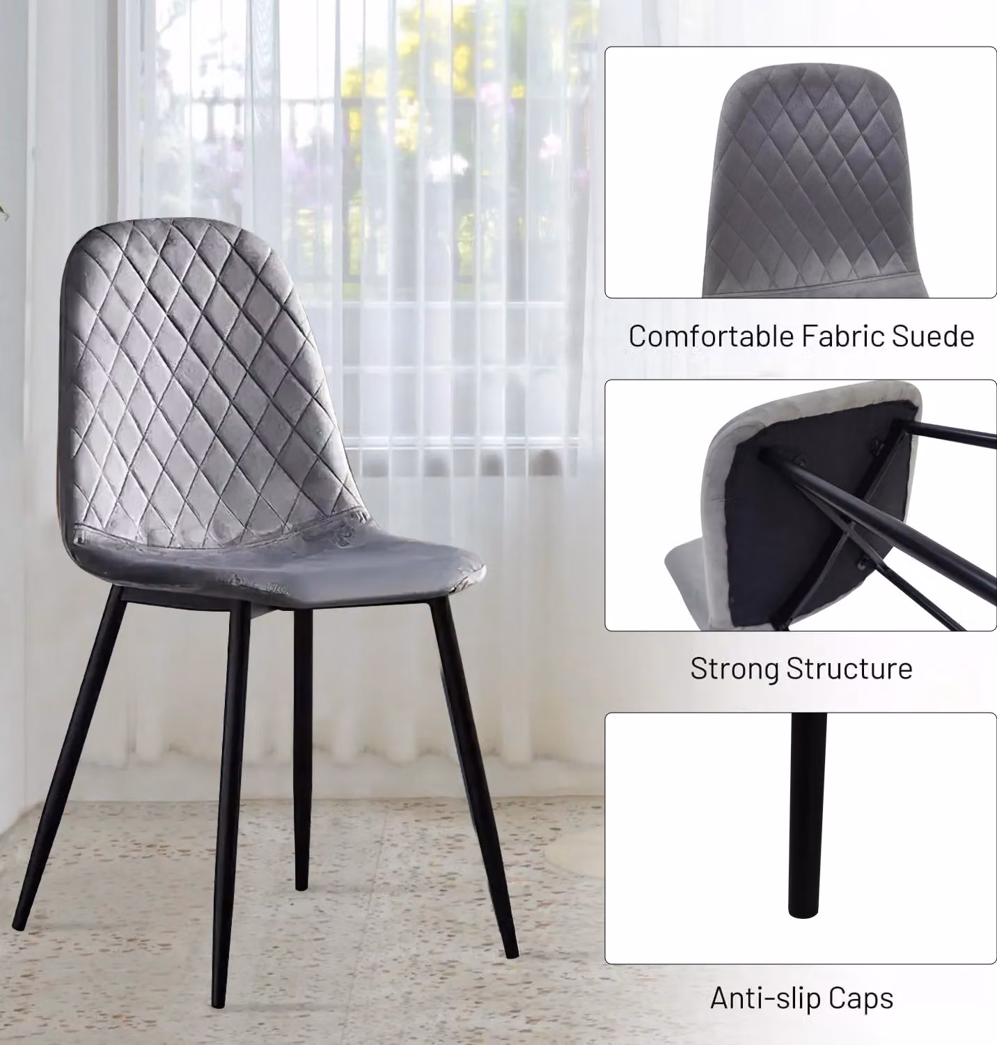 Alivio Pack of 4 Grey Velvet Dining Chairs with Fabric Upholstered Seats and Metal Legs – 4
