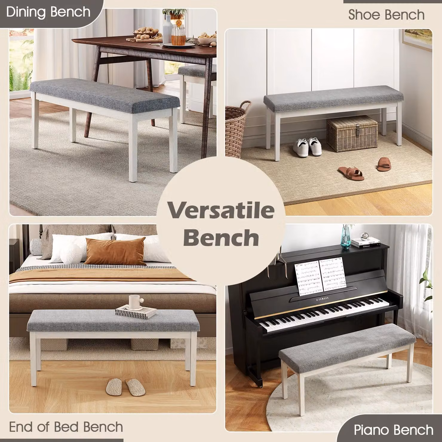 Gymax Modern Upholstered Grey Linen Dining and Shoe Bench with Rubberwood Frame – 3
