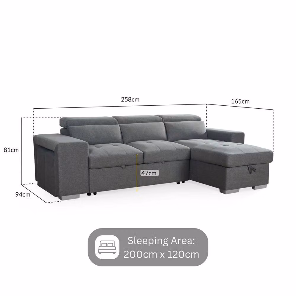 Beehive Furniture Amalfi Universal Reversible L-Shape Corner Sofa Bed in Grey with Lift-Up Seat and 120 x 200 cm Sleeping Function – 2