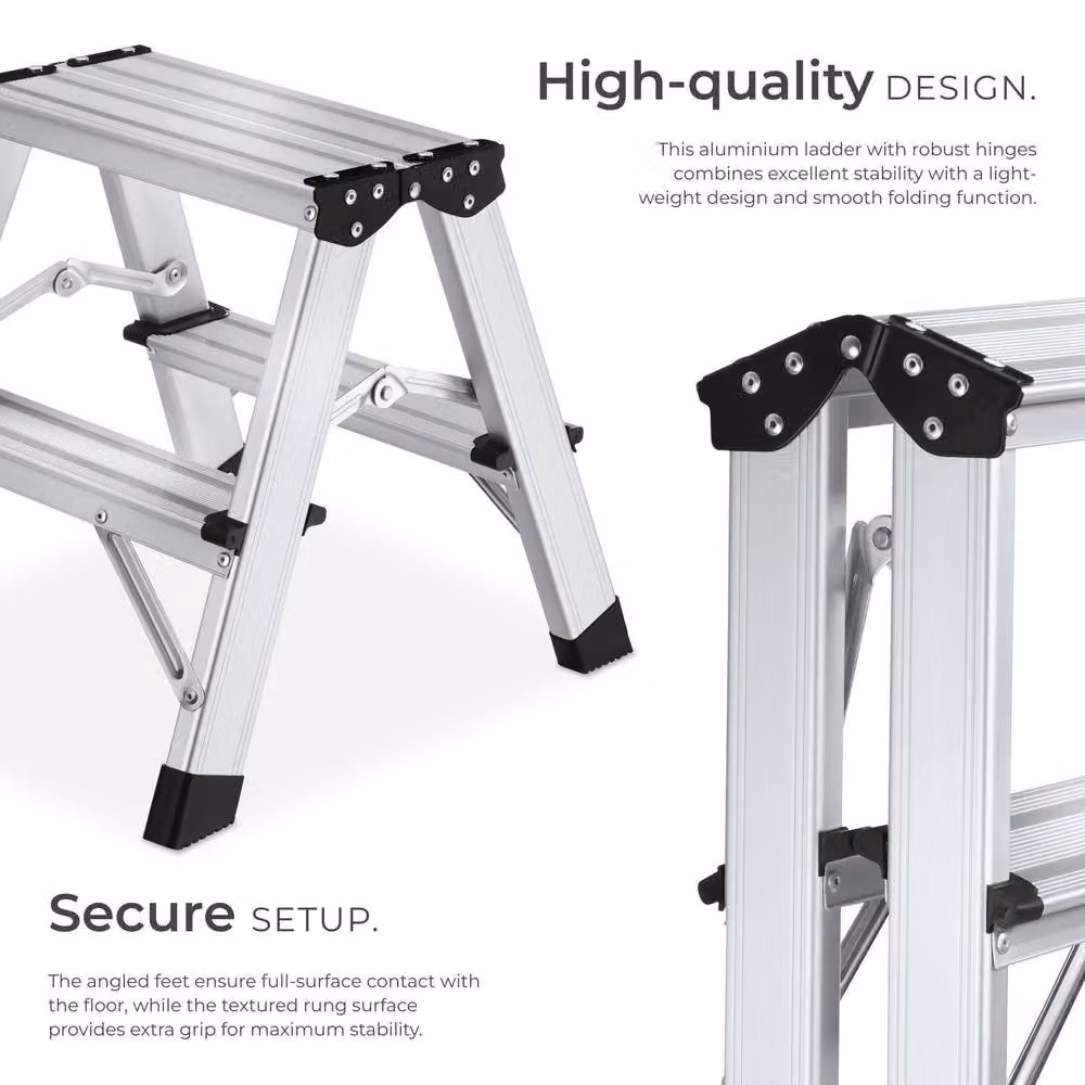 tectake Double-Sided Aluminium Step Ladder with Non-Slip Rubber Feet in Silver – 2