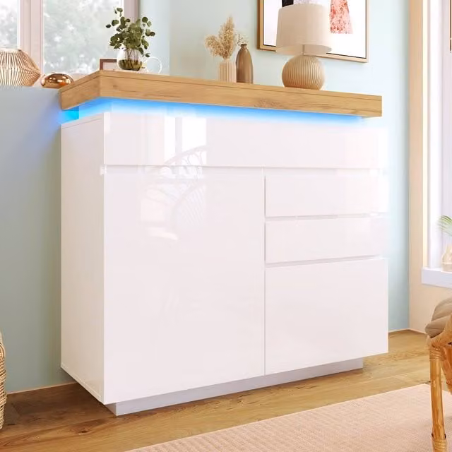 Merax White Glossy Modern Sideboard Storage Cabinet with Integrated LED Lighting