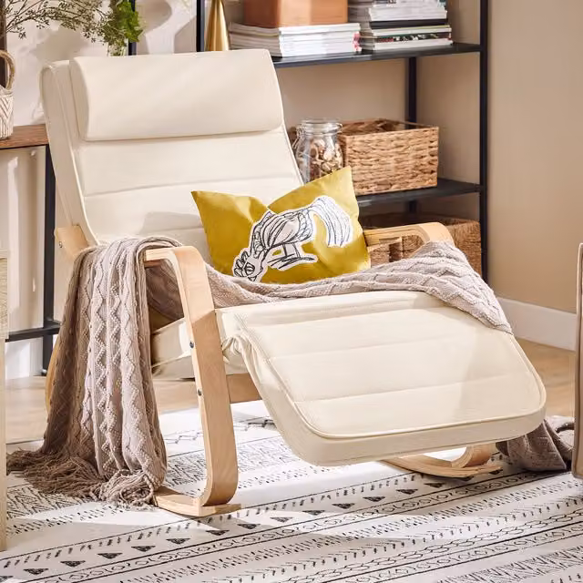 SoBuy Modern Relaxing Rocking Chair with Adjustable Headrest and Footrest in Beige and White