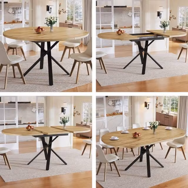BTM Extendable Round to Oval Dining Table with Metal X-Frame in Brown Natural – 1