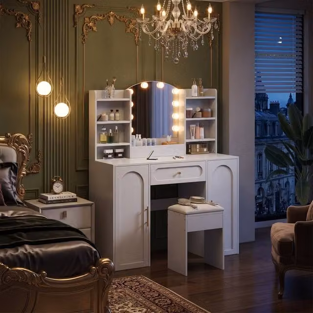 FENCHILIN Modern White Dressing Table and Stool Set with Hollywood LED Lighting Mirror – 1
