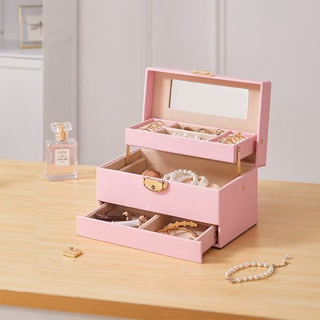 Livingandhome Pink and White Fabric Jewellery Box with Handles