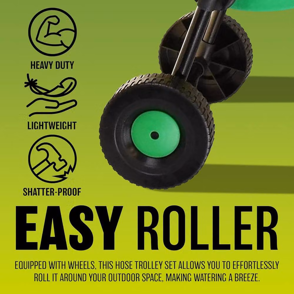 BARGAINS-GALORE Portable Green Garden Hose Reel with Trolley Wheels and Manual Winder – 6