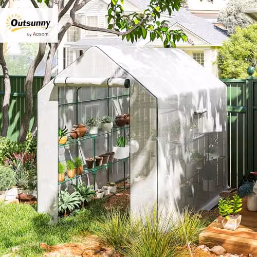 Outsunny White Walk-in Greenhouse with 3 Tier Shelving, W/D/H: 140 x 213 x 190 cm – 2