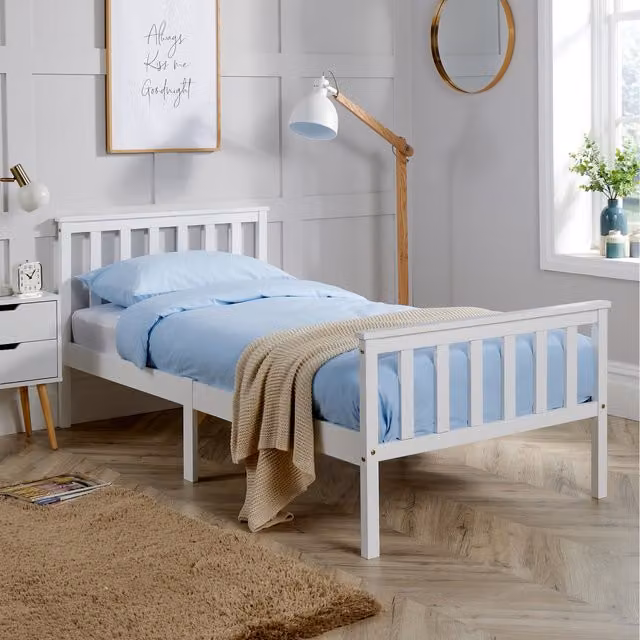 Home Source Florida Slatted Wooden Bed Frame in White, Single, W/D/H: 90 x 190 cm