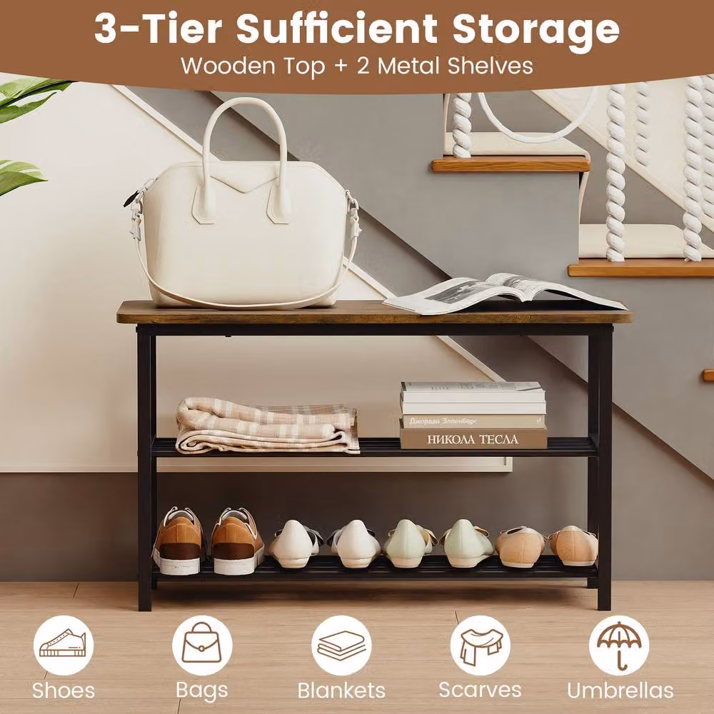 Costway 3-Tier Shoe Storage Bench and Freestanding Boot Organiser in Brown – 4