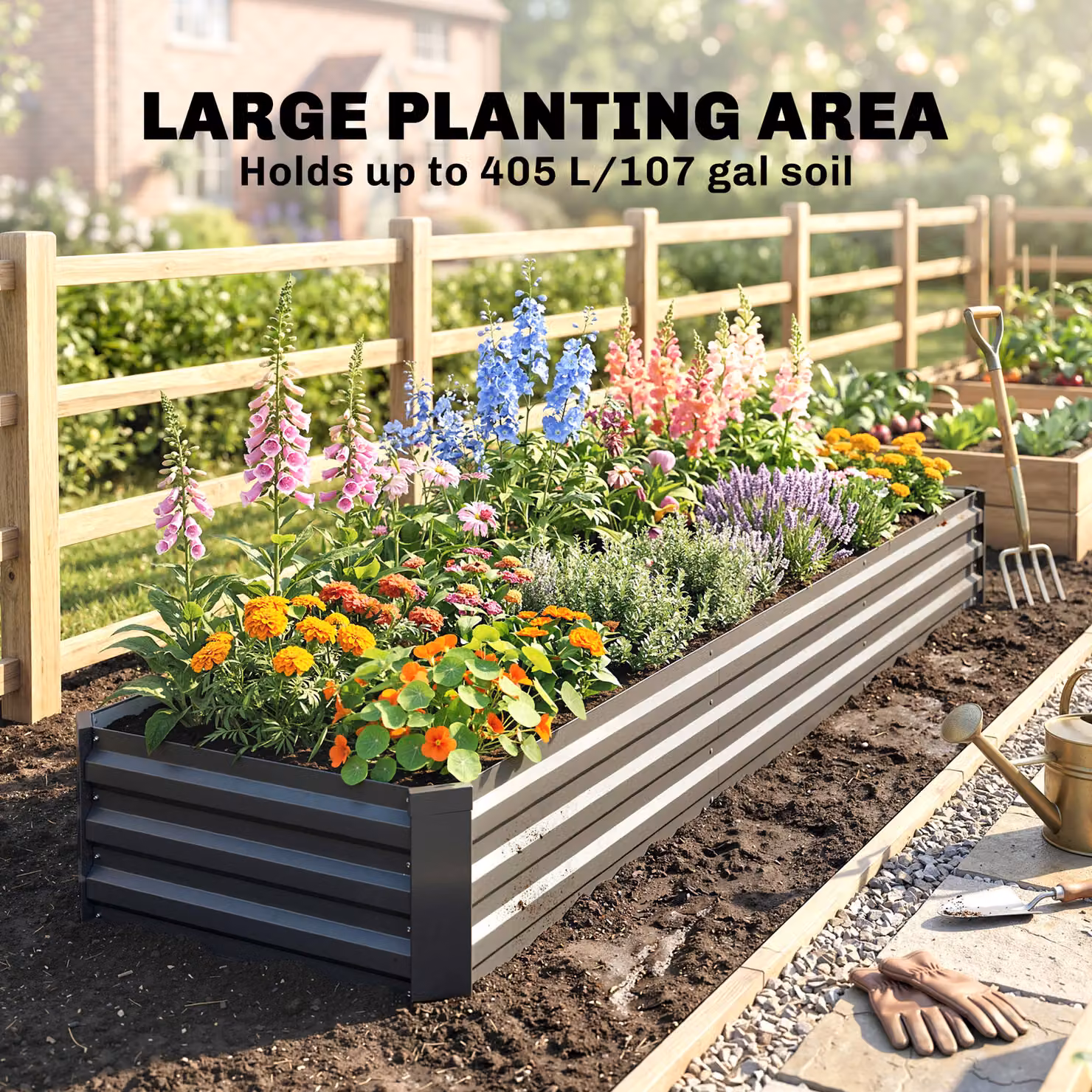 Outsunny Galvanised Steel Raised Bed Rectangular Outdoor Elevated Planter Box with Safety Edging in Grey, W: 240 cm, D: 60 cm, H: 30 cm – 4