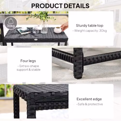 Outsunny Black Outdoor Coffee Table with X-Shaped Frame and Polyrattan Design, W: 80 cm, D: 43 cm, H: 40 cm – 5