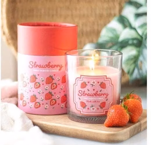 KDMD Strawberry Scented Pink Votive Candle with Glass and Wood Elements – 1