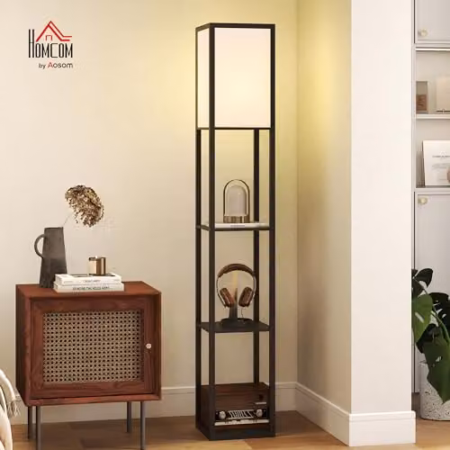 HOMCOM Modern 3-Tier Floor Lamp with Storage Shelves in Black – 2