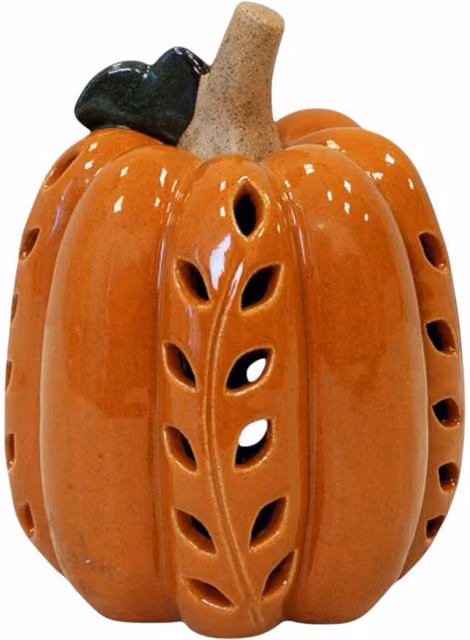 Four Candle Orange LED Pumpkin Porcelain Decoration with Green Leaf Detail – 1